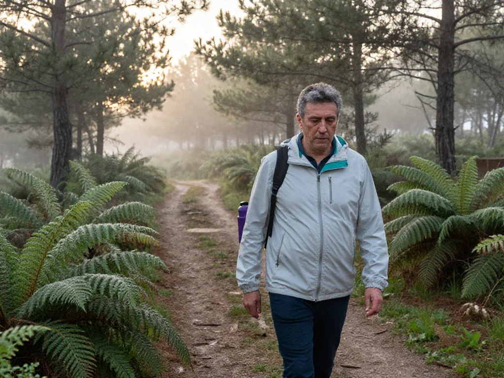 Hombre español caminando por un bosque al amanecer, promoviendo el bienestar físico y la salud mental.